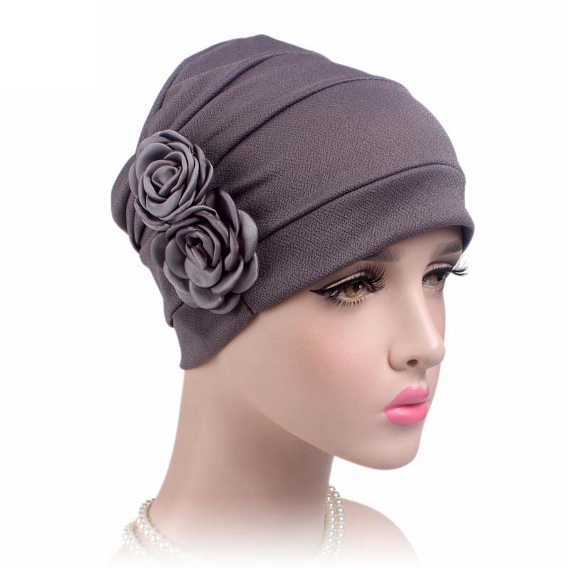 Elegant Chemo Beanie with Flowers - Silver Grey